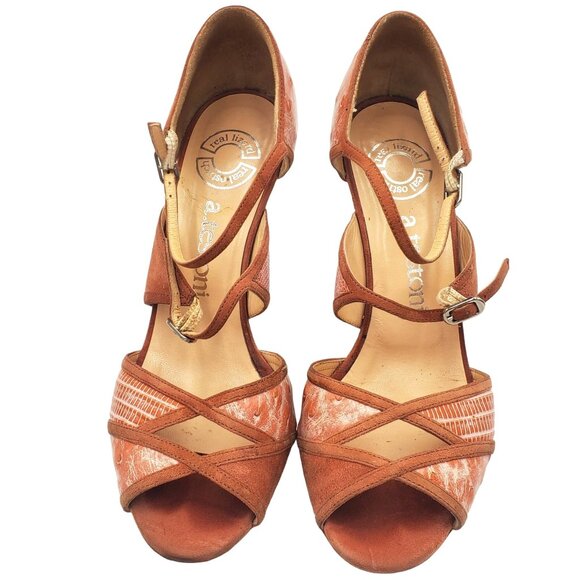 Italy A.Testoni Women's Size 6.5 Salmon pink lizard ostrich Open Toe Heels shoes - Picture 2 of 12